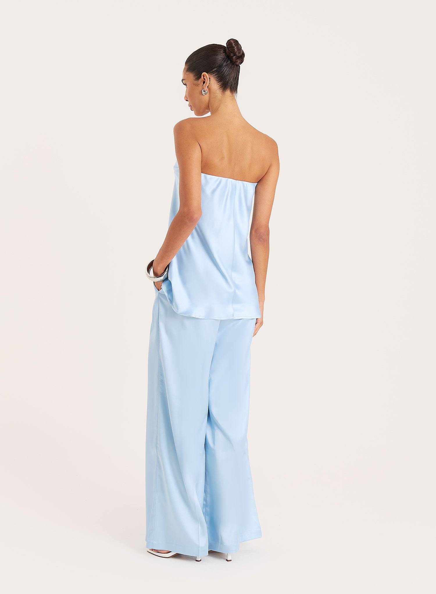 Blue Satin Tailored Wide Leg Trousers